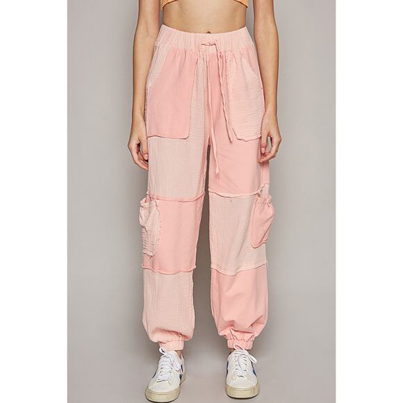 POL Adjustable Drawstring Cargo Pockets Contrast Ankle Jogger Pants | Blush Pink - Picture 4 of 4